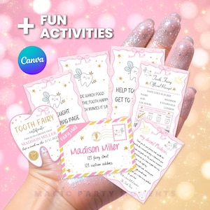 Mini juego de hada de los dientes editable Recibo rosa y carta con sobre Kit de hada de los dientes Nota de hada de los dientes perdida Plantilla digital imprimible