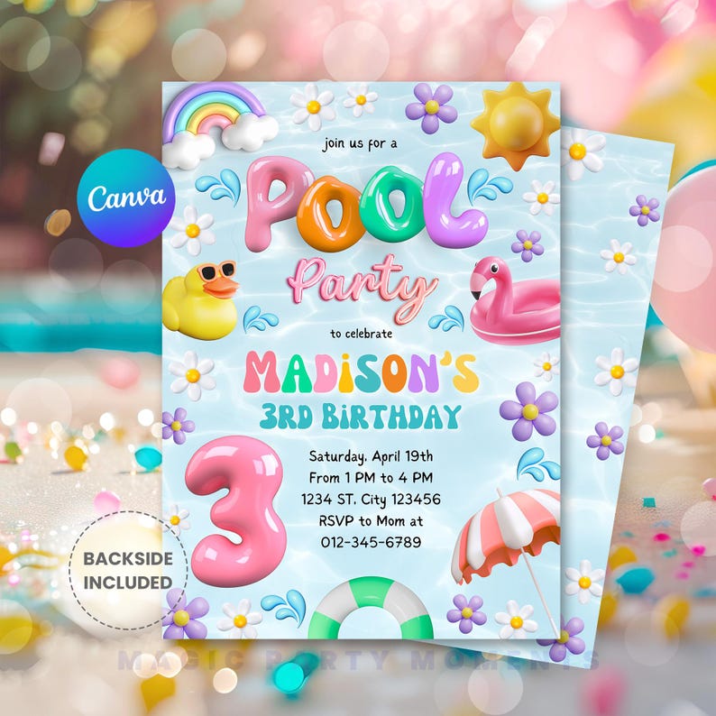 Editable Pool Party Invitation – 3D Summer Birthday Invite for Kids ...