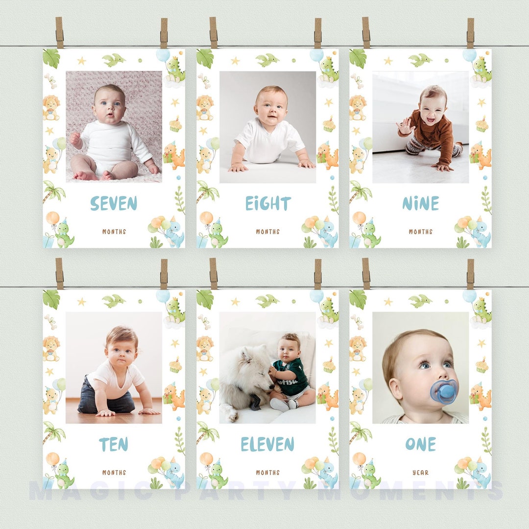 Editable Dinosaur 1st Birthday Photo Banner: Milestone Cards (digital ...
