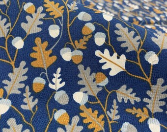 Japanese Cotton Fabric, Tree, Acorn, Autumn, Fall, Maple Leaf,  Danish Design, Dark Blue, Chestnut Fabric, Kora Ann, By the Yard, Half Yard