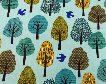 Tree Cotton Canvas Japanese Fabric, Mint Green Fabric, Bird Fabric, Modern Fabric, By the Yard, Fat Quarter, Last Piece
