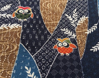 Patchwork Owl Fabric - Japanese Cotton Fabric - Blue - Mustard - Brown -Red - Traditional Japanese Design - By the Yard  - Fat Quarter