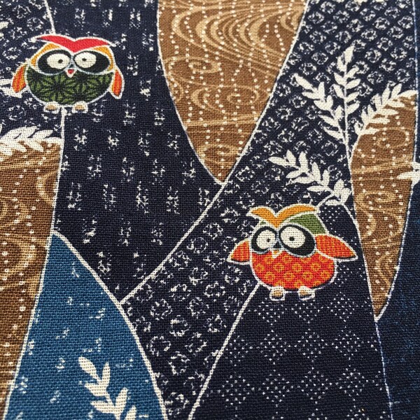 Patchwork Owl Fabric - Japanese Cotton Fabric - Blue - Mustard - Brown -Red - Traditional Japanese Design - By the Yard  - Fat Quarter