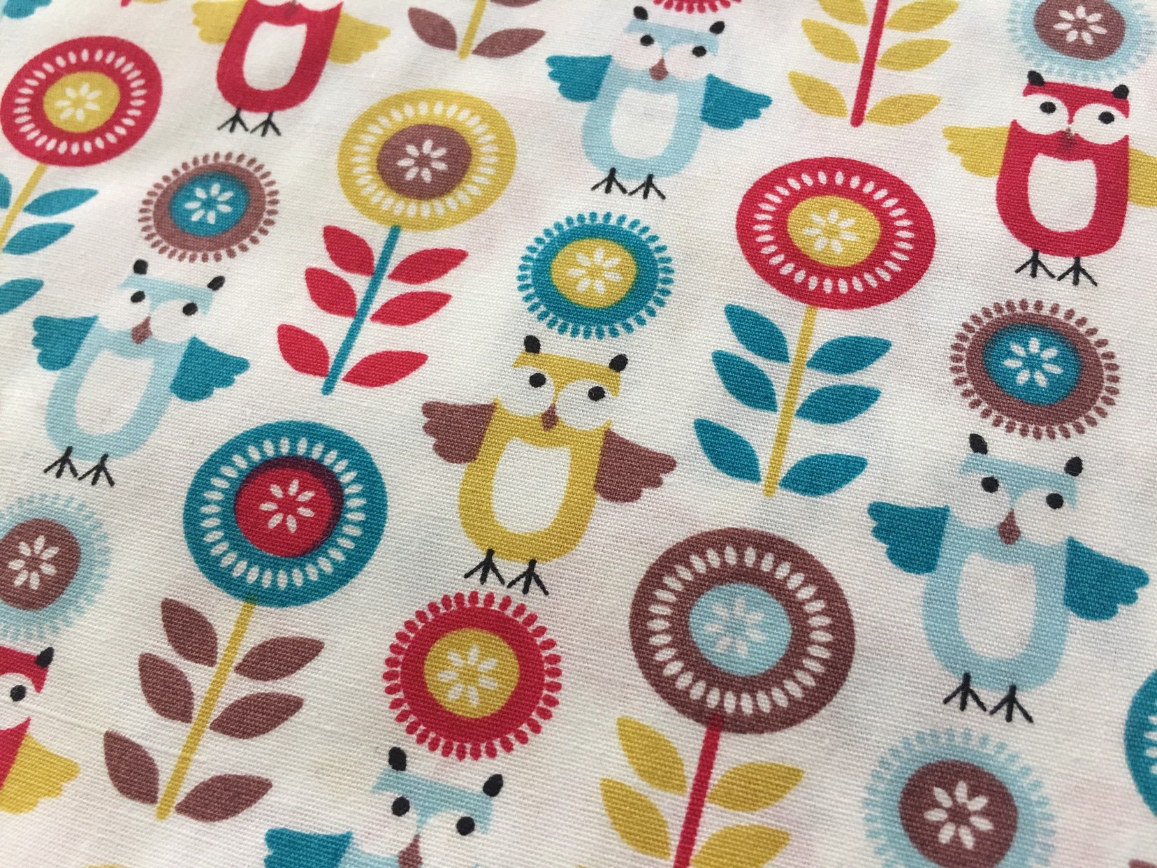 Owl & Flower Cotton Fabric Red Blue Yellow Owls Retro - Etsy