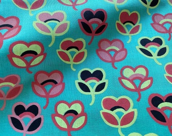 Retro flower fabric - Floral Fabric - Hand printed fabric - cotton fabric - half yard - mint green - turquoise