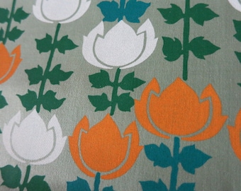 Floral Fabric, Orange White Flower Garden, Retro Fabric, Vintage Fabric, 70s Fabric, 60s fabric,  Hand-printed cotton fabric - By the Yard