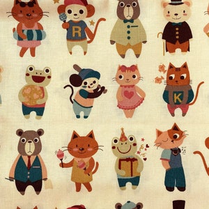 Japanese Animal Characters Fabric Beige, Cream, Earth Tones, Frog, Monkey, Cat, Bear, Medium Weight Cotton, By the Yard, Half Yard image 1