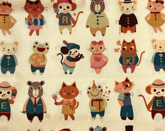Japanese Animal Characters Fabric - Beige, Cream, Earth Tones, Frog, Monkey, Cat, Bear, Medium Weight Cotton, By the Yard, Half Yard