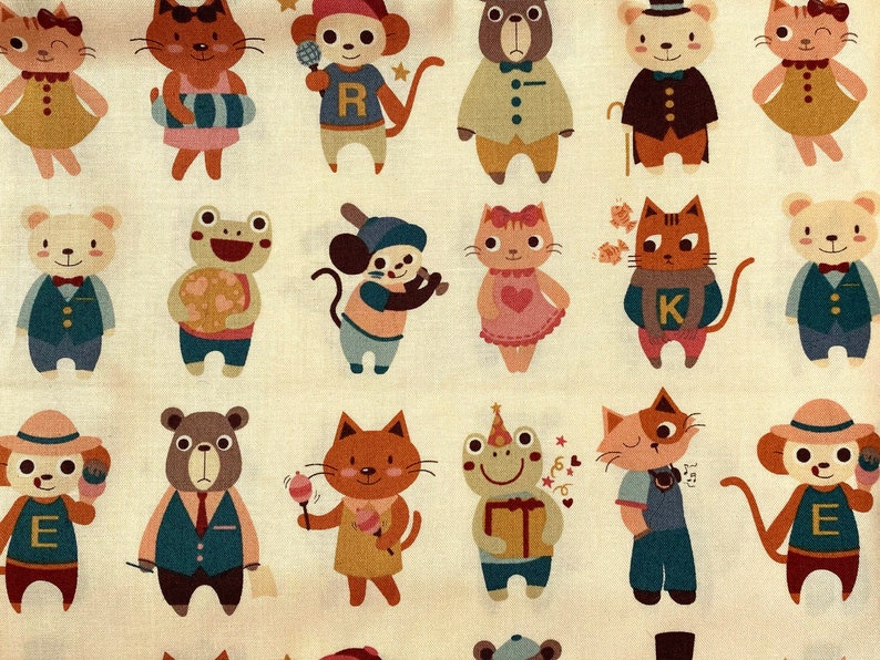 Japanese Animal Characters Fabric Beige, Cream, Earth Tones, Frog, Monkey, Cat, Bear, Medium Weight Cotton, By the Yard, Half Yard image 1