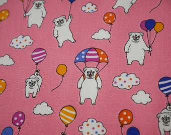 Pugs in the Air - Japanese Fabric - Dog fabric - Cotton Fabric - Pink Grey - Parachute Balloons Cloud Sky - By the Yard - Fat Quarter