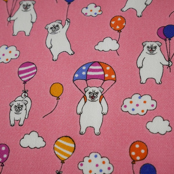 Pugs in the Air - Japanese Fabric - Dog fabric - Cotton Fabric - Pink Grey - Parachute Balloons Cloud Sky - By the Yard - Fat Quarter