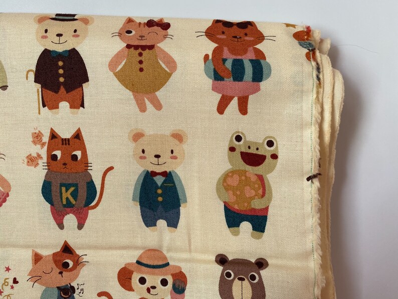 Japanese Animal Characters Fabric Beige, Cream, Earth Tones, Frog, Monkey, Cat, Bear, Medium Weight Cotton, By the Yard, Half Yard image 4