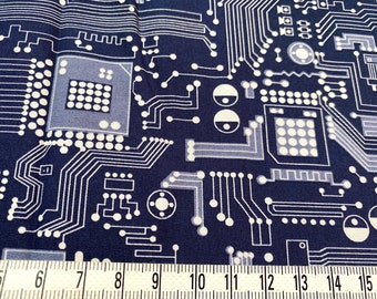 PCB Board Cotton Fabric, Circuit  Board, Computer, Geek Chic, Navy Blue, Gamer, Half Yard - By the yard