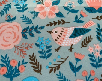 Bird Waterproof Fabric, Waterproof PUL, Extra Wide, 150 cm width, Bluebirds, Pink Florals, Wet Bag, Diaper Making Supplies, Half Yard