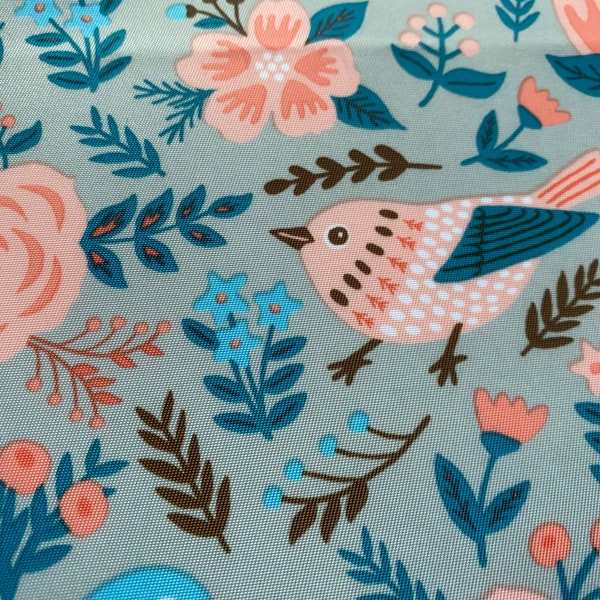 Bird Waterproof Fabric, Waterproof PUL, Extra Wide, 150 cm width, Bluebirds, Pink Florals, Wet Bag, Diaper Making Supplies, Half Yard