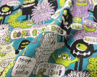 Funny Monster Japanese Fabric, Green Purple, Double Guaze Cotton Fabric, Cute Monsters, Kei Fabric, By the Yard, Half Yard