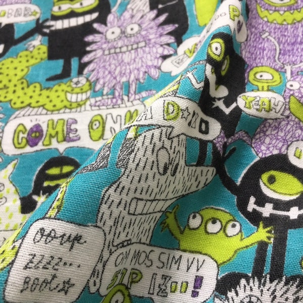 Funny Monster Japanese Fabric, Green Purple, Double Guaze Cotton Fabric, Cute Monsters, Kei Fabric, By the Yard, Half Yard