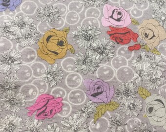 Pastel Rose Fabric, Red Yellow Pink Purple Flowers, Japanese Fabric by Yuwa, Grey Cotton Fabric, Floral Fabric, By the Yard, Half Yard