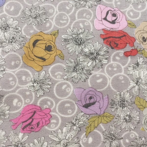 Pastel Rose Fabric, Red Yellow Pink Purple Flowers, Japanese Fabric by Yuwa, Grey Cotton Fabric, Floral Fabric, By the Yard, Half Yard