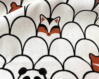 Raccoon Panda Fox Bear Cotton Fabric, Scallop Design, Off White, By The Yard, Half Yard