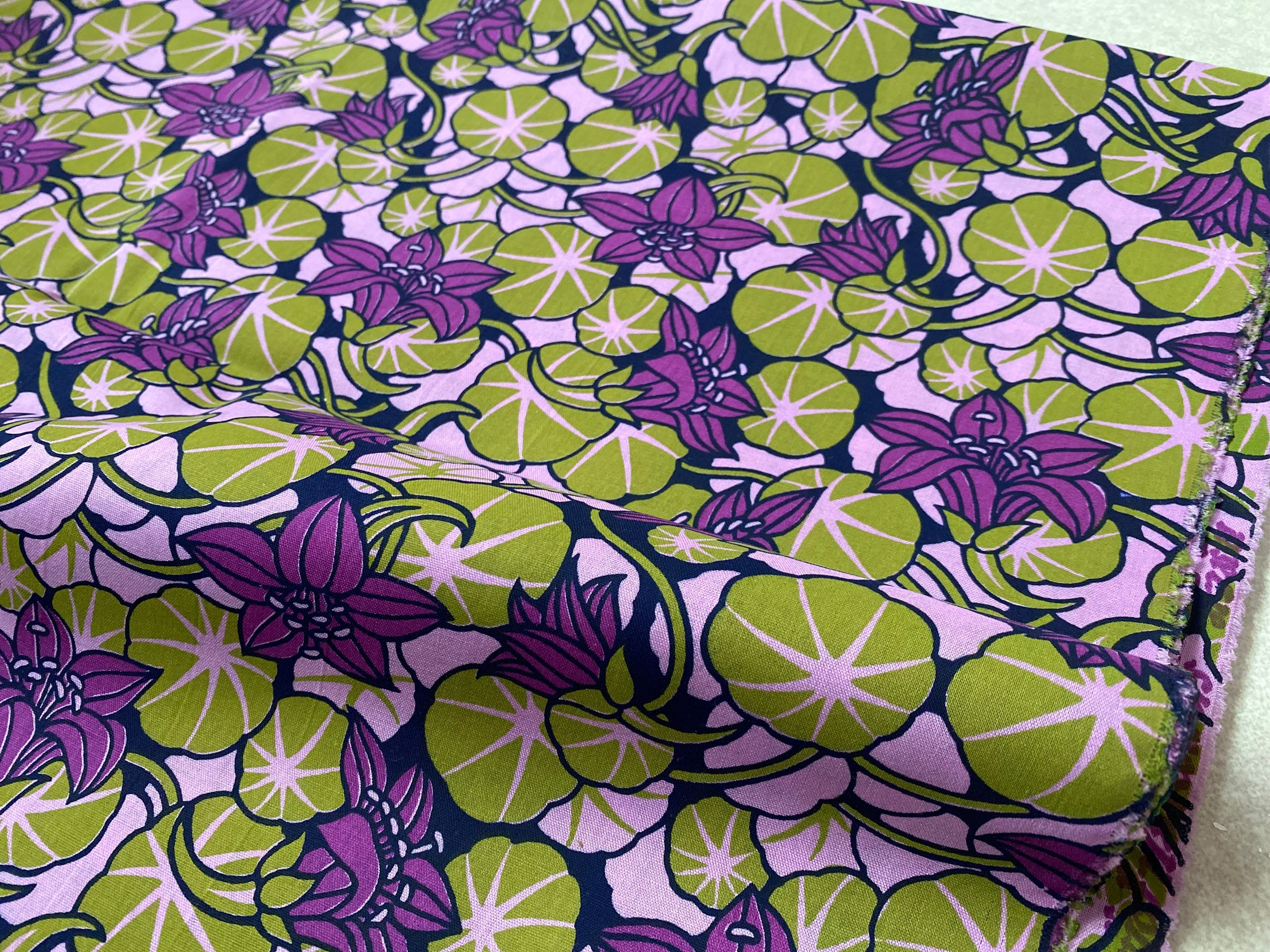 Retro Floral Fabric, Purple Flowers, Lily Pad Pond Cotton Fabric by the ...