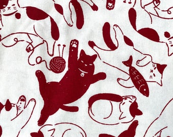 Oversized Cat Fabric, large Scale, Cotton Fabric, Red, Brown, Modern Design, Off White, By The Yard, Half Yard