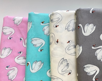 Swan Japanese Fabric, Mint, Pastel Pink, Grey, White Swans, Bird Fabric, Cotton Fabric - Swanlake - Bird Fabric - by the yard - Half Yard