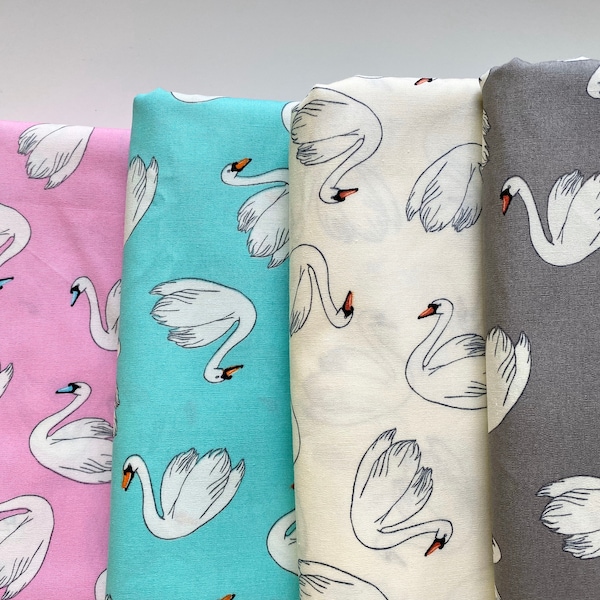 Swan Japanese Fabric, Mint, Pastel Pink, Grey, White Swans, Bird Fabric, Cotton Fabric - Swanlake - Bird Fabric - by the yard - Half Yard