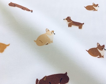 Corgi Fabric - Dog Fabric - Dog lover - White Brown - Dog Lover, Cotton Fabric - By the Yard - Half Yard