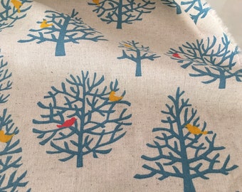 Japanese Fabric, Tree Fabric, Red Yellow Bird, Le Depart, Cotton Linen, bird fabric, mid-weight cotton fabric, Fat Quarter, By The Yard