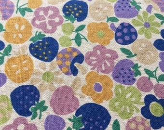 Strawberry Floral Japanese Fabric, Cotton Linen, Blue Purple Yellow, Mushroom Fabric, Butterfly Fabric, By the Yard, Half Yard