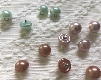 Half Dome Glass Buttons, Pearl Iridescent Buttons, Metal Shank, Copper Grey Mint, Bridal, 3/8 Inches, 10 mm, 12 Buttons