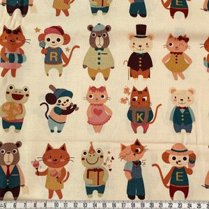 Japanese Animal Characters Fabric Beige, Cream, Earth Tones, Frog, Monkey, Cat, Bear, Medium Weight Cotton, By the Yard, Half Yard image 3