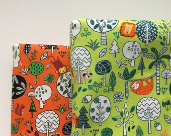 Animal Japanese Cotton Fabric, Raccoon Tiger Lion Rhino Sloth Monkey Giraffe Trees, Lime Green, Burnt Orange, By the Yard, Half Yard