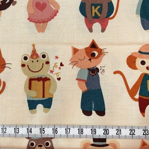 Japanese Animal Characters Fabric Beige, Cream, Earth Tones, Frog, Monkey, Cat, Bear, Medium Weight Cotton, By the Yard, Half Yard image 2
