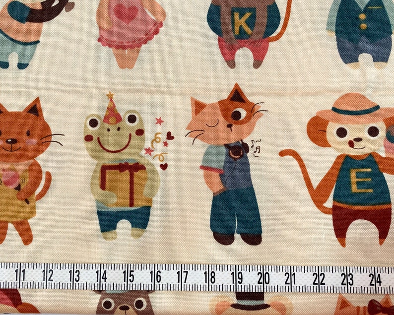 Japanese Animal Characters Fabric Beige, Cream, Earth Tones, Frog, Monkey, Cat, Bear, Medium Weight Cotton, By the Yard, Half Yard image 2