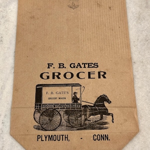 Vintage F. B. Gates Grocer Brązowa papierowa torba z ilustracją wozu konnego, Plymouth CT Torba spożywcza