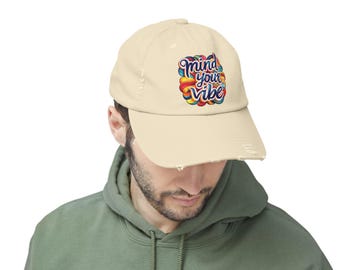 Boné Mind Your Vibe: Sarja de algodão envelhecida, citação inspiradora