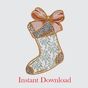 May include: A white stocking with a green and white floral pattern and a pink and red bow. The stocking has a black and white polka dot pattern at the top.