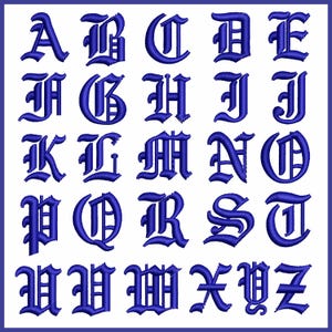 May include: A set of 26 uppercase letters in a bold, dark blue, old English font. The letters are arranged in alphabetical order.