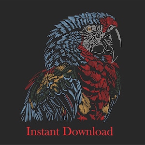 Tropical parrot embroidery. Machine Embroidery Designs. Red parrot. Colorful flying parrot and tropical leaves.Digital Instant Download
