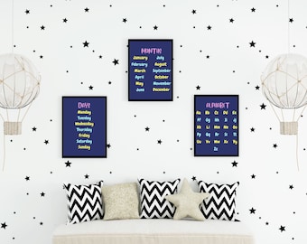 Kids Room | Nursery Prints | Educational Wall Prints | Shapes | Alphabet | Numbers | Colours | Months | Montessori | Nursery Set of 6