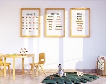 Kids Room | Nursery Prints | Educational Wall Prints | Shapes | Alphabet | Numbers | Colours | Months | Montessori | Nursery Set of 6