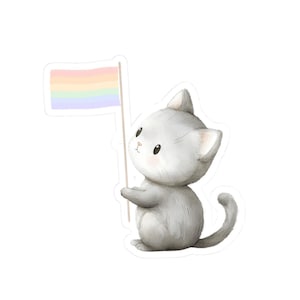 WLW Sticker, Cat Holding a Pride Flag, LGBTQ Pride Kiss-Cut Stickers, Gay Pride Vinyl Decal, Lesbian Pride Tablet Sticker, LGBTQ Gift