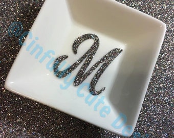 Bling-n-Ring Dish with Sparkly Glitter Initial, Monogram, or Name