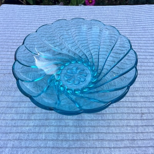 Vintage Hazel Atlas Blue Glass Serving Bowl with Capri Swirl Pattern