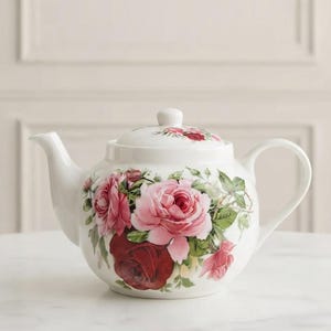 May include: A white ceramic teapot featuring a rounded body and a matching lid. The surface is decorated with a floral pattern of large pink and deep red roses surrounded by green leaves and stems, set against a clean white background.