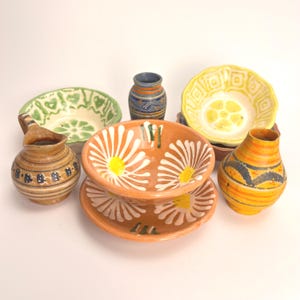 Vintage (8) Mexican Pottery Folk Art Tonala Mini Vases, Pitchers and Trinket Dishes