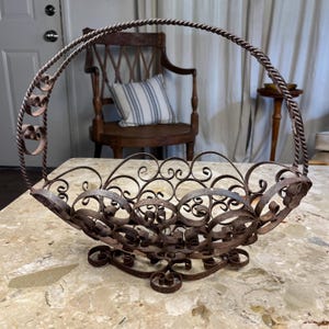 Vintage Basket Wrought Iron Spanish Design with Ornate Scroll Work and Twisted Handle