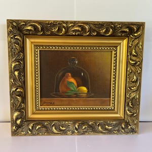 Gold Framed Fruit Under Dome Still Life Oil Painting